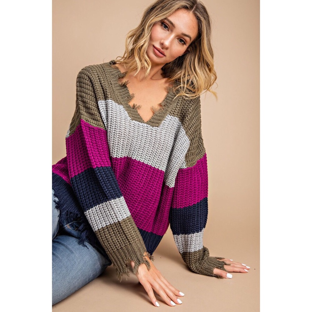 Kara Distressed Chunky Knit Sweater - Magenta - Picture 2 of 5
